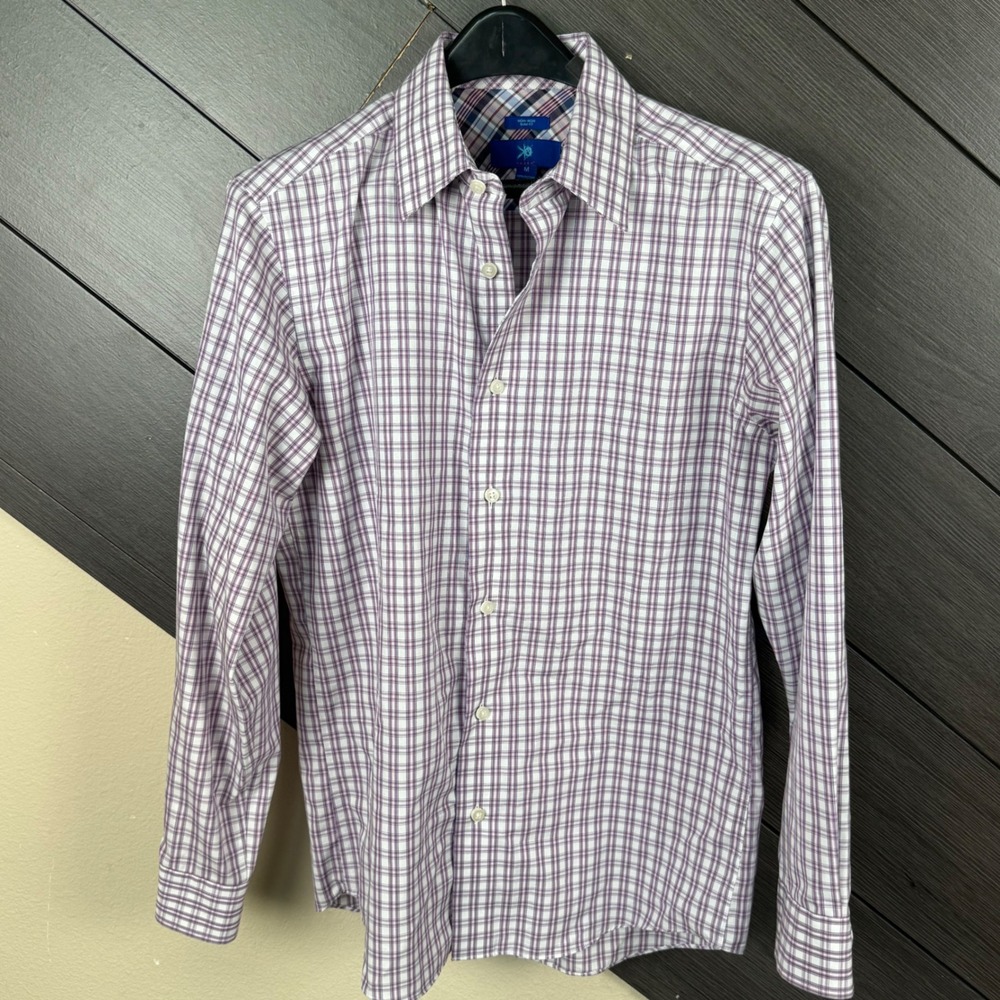 Egara Men's Medium Non Iron Slim Fit Plaid Button Up Shirt Purple Blue Office